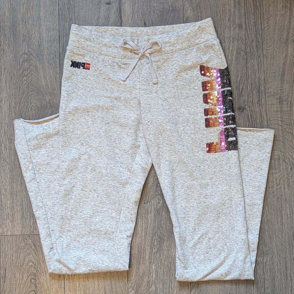 5⭐️PINK Women’s Gray Bootcut Sweatpants — Fleece Lined Sequin Logo
